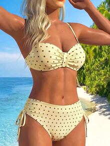 SHEIN Swim 女款夏季度假海灘性感黃色波點印花聚攏鋼圈細肩帶抓皺平胸比基尼上衣搭配高腰側抽繩比基尼泳褲套裝 - 彩色 - 查看 5