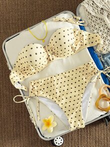 SHEIN Swim 女款夏季度假海灘性感黃色波點印花聚攏鋼圈細肩帶抓皺平胸比基尼上衣搭配高腰側抽繩比基尼泳褲套裝 - 彩色 - 查看 3