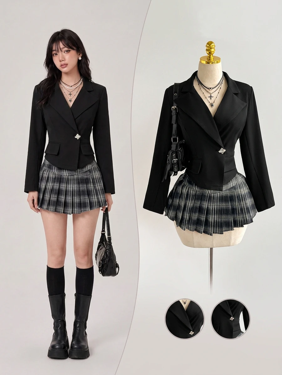 Elamini Women's Long Sleeve Blazer Jacket, Autumn/Winter - Black - View 1