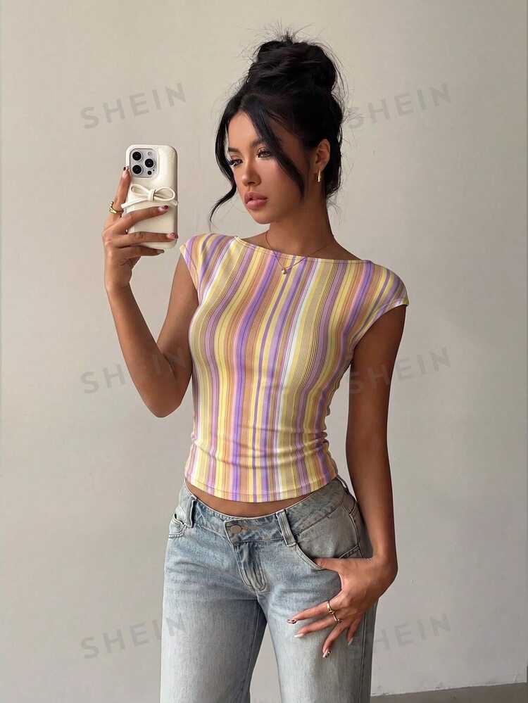 Aloruh Women's Short Sleeve Sexy Y2K Elegant Vintage Preppy Striped Print Backless T-Shirt - Elegant Sexy - Yellow - View 3