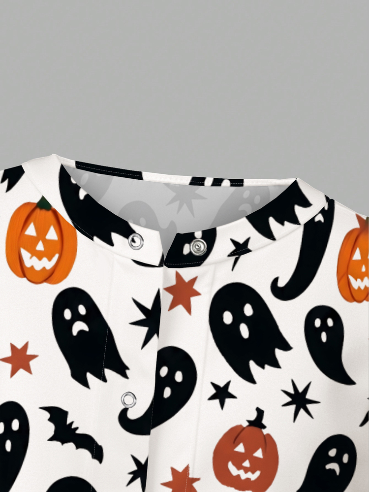 PopScrub Halloween Fun Pumpkin Ghost Bat Cartoon Print Scrub Jacket, Spring/Summer Fashion Cardigan With Ear Loop Design Women's Nurse Scrub Top, Scrub Jacket, Cartoon Pattern White Top - Multicolor - View 5