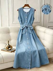 Resyla Women's Denim Effect Print Front Button Sleeveless Dress - Multicolor - View 4