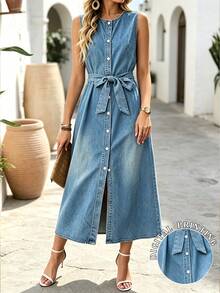 Resyla Women's Denim Effect Print Front Button Sleeveless Dress - Multicolor - View 2