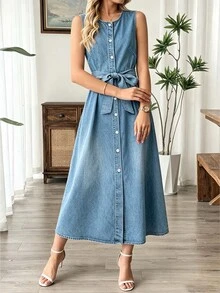 Resyla Women's Denim Effect Print Front Button Sleeveless Dress - Multicolor - View 5