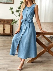 Resyla Women's Denim Effect Print Front Button Sleeveless Dress - Multicolor - View 6