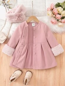 SHEIN Mantel Panjang Bayi Perempuan Motif Patchwork dengan Manset Bulu dan Kancing Tunggal untuk Musim Gugur/Dingin - Berwarna merah muda - View 10