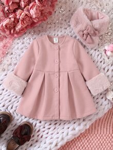 SHEIN Mantel Panjang Bayi Perempuan Motif Patchwork dengan Manset Bulu dan Kancing Tunggal untuk Musim Gugur/Dingin - Berwarna merah muda - View 7