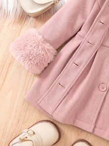 SHEIN Mantel Panjang Bayi Perempuan Motif Patchwork dengan Manset Bulu dan Kancing Tunggal untuk Musim Gugur/Dingin - Berwarna merah muda - View 9