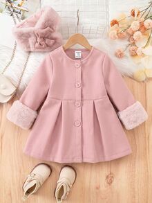 SHEIN Mantel Panjang Bayi Perempuan Motif Patchwork dengan Manset Bulu dan Kancing Tunggal untuk Musim Gugur/Dingin - Berwarna merah muda - View 8