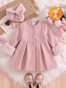 SHEIN Mantel Panjang Bayi Perempuan Motif Patchwork dengan Manset Bulu dan Kancing Tunggal untuk Musim Gugur/Dingin - Berwarna merah muda - View 6
