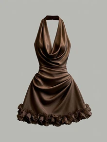 SHEIN Franclia French Sexy Cowl Neck Backless Halter Sleeveless Short Dress For Women - Coffee - View 3