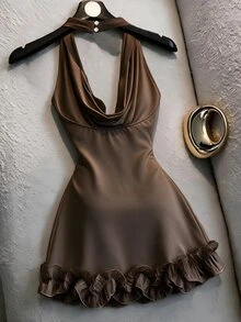 SHEIN Franclia French Sexy Cowl Neck Backless Halter Sleeveless Short Dress For Women - Coffee - View 2