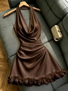 SHEIN Franclia French Sexy Cowl Neck Backless Halter Sleeveless Short Dress For Women - Coffee - View 4