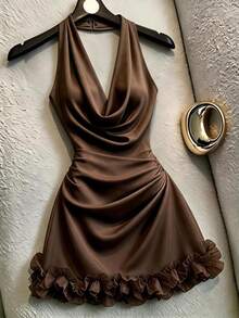 SHEIN Franclia French Sexy Cowl Neck Backless Halter Sleeveless Short Dress For Women - Coffee - View 1