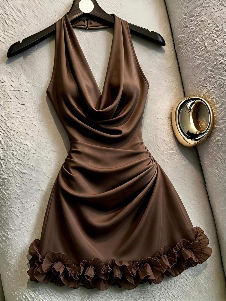 SHEIN Franclia French Sexy Cowl Neck Backless Halter Sleeveless Short Dress For Women - Coffee - View 1