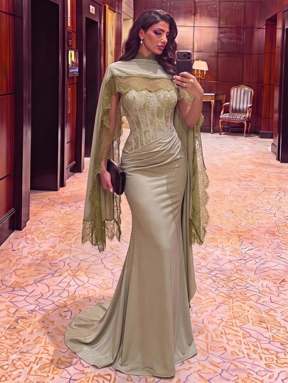 Aureia Elegant Sage Green Lace Satin Strapless Ruched Corset Mermaid Floor Length Evening Gown With Detachable Cape Formal Wedding Guest Prom Party Dress