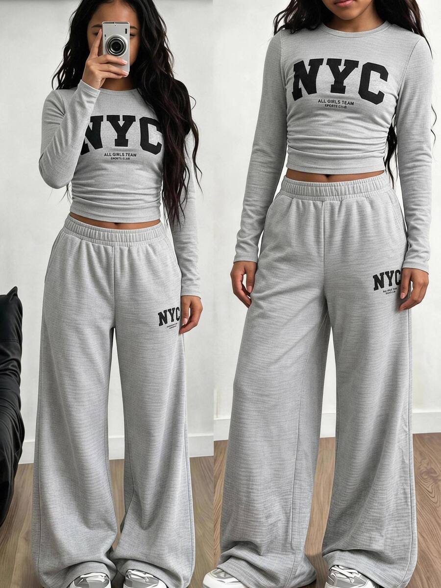 SHEIN Tween女孩適用 NYC Kids 圖案長袖上衣與長褲淺灰色2件套 秋/冬穿搭