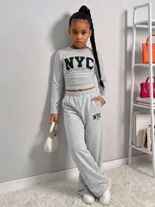 SHEIN Tween女孩適用 NYC Kids 圖案長袖上衣與長褲淺灰色2件套 秋/冬穿搭 - 灰色 - 查看 6