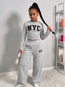 SHEIN Tween女孩適用 NYC Kids 圖案長袖上衣與長褲淺灰色2件套 秋/冬穿搭 - 灰色 - 查看 4