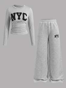 SHEIN Tween女孩適用 NYC Kids 圖案長袖上衣與長褲淺灰色2件套 秋/冬穿搭 - 灰色 - 查看 7