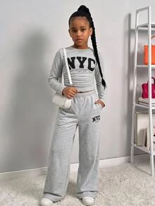 SHEIN Tween女孩適用 NYC Kids 圖案長袖上衣與長褲淺灰色2件套 秋/冬穿搭 - 灰色 - 查看 5