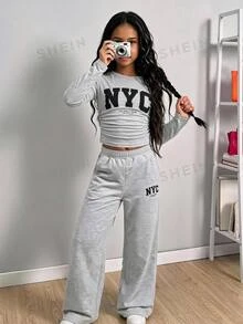SHEIN Tween女孩適用 NYC Kids 圖案長袖上衣與長褲淺灰色2件套 秋/冬穿搭 - 灰色 - 查看 3