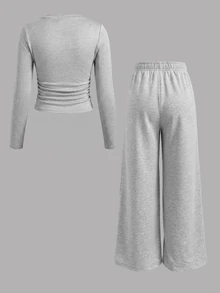 SHEIN Tween女孩適用 NYC Kids 圖案長袖上衣與長褲淺灰色2件套 秋/冬穿搭 - 灰色 - 查看 8