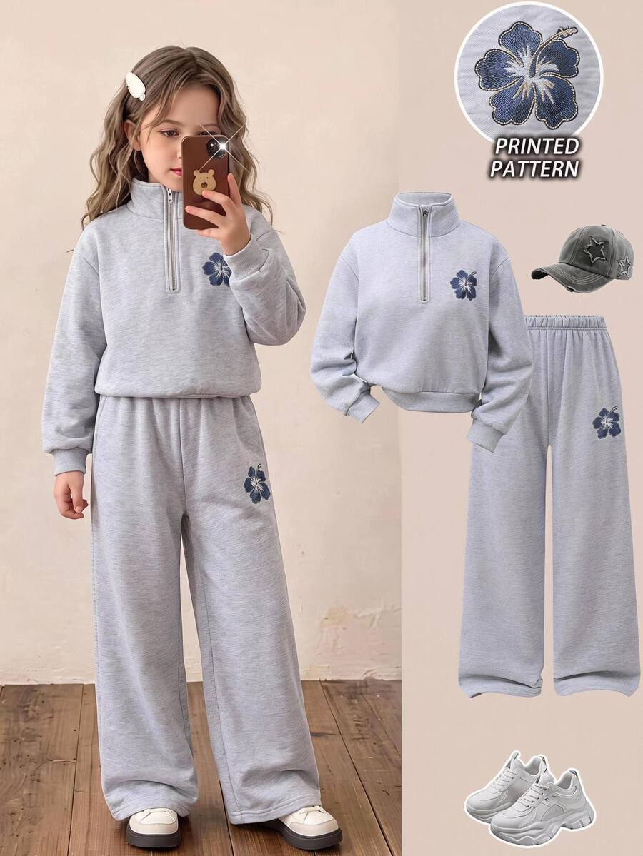Girls Big Kids Spring/Autumn/Winter Athletic New York Letter Print Stand Collar Sweatshirt And Shorts Set School Student Light Grey - Red - View 1