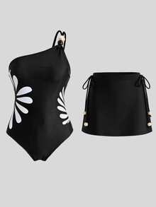 Swim Oasis ملابس سباحة نسائية قطعة واحدة مطبوعة باللون الأسود بكتف واحد مزينة بالخرز مع تنورة مطابقة لفصل الربيع/الصيف والعطلات - أبيض وأسود - مشاهدة 2