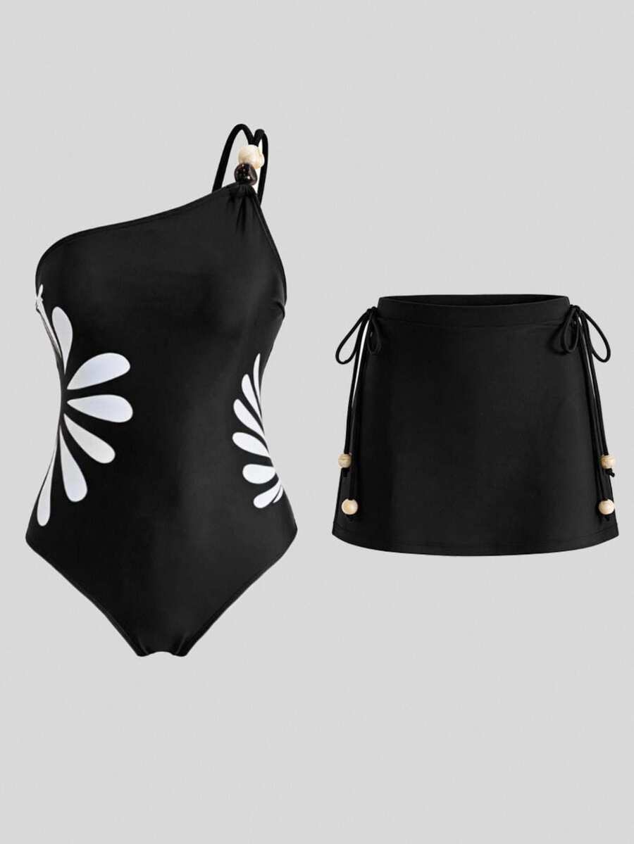 Swim Oasis 女款春夏度假印花黑色單肩綴珠連身泳衣附配套裙 - 黑與白 - 查看 1