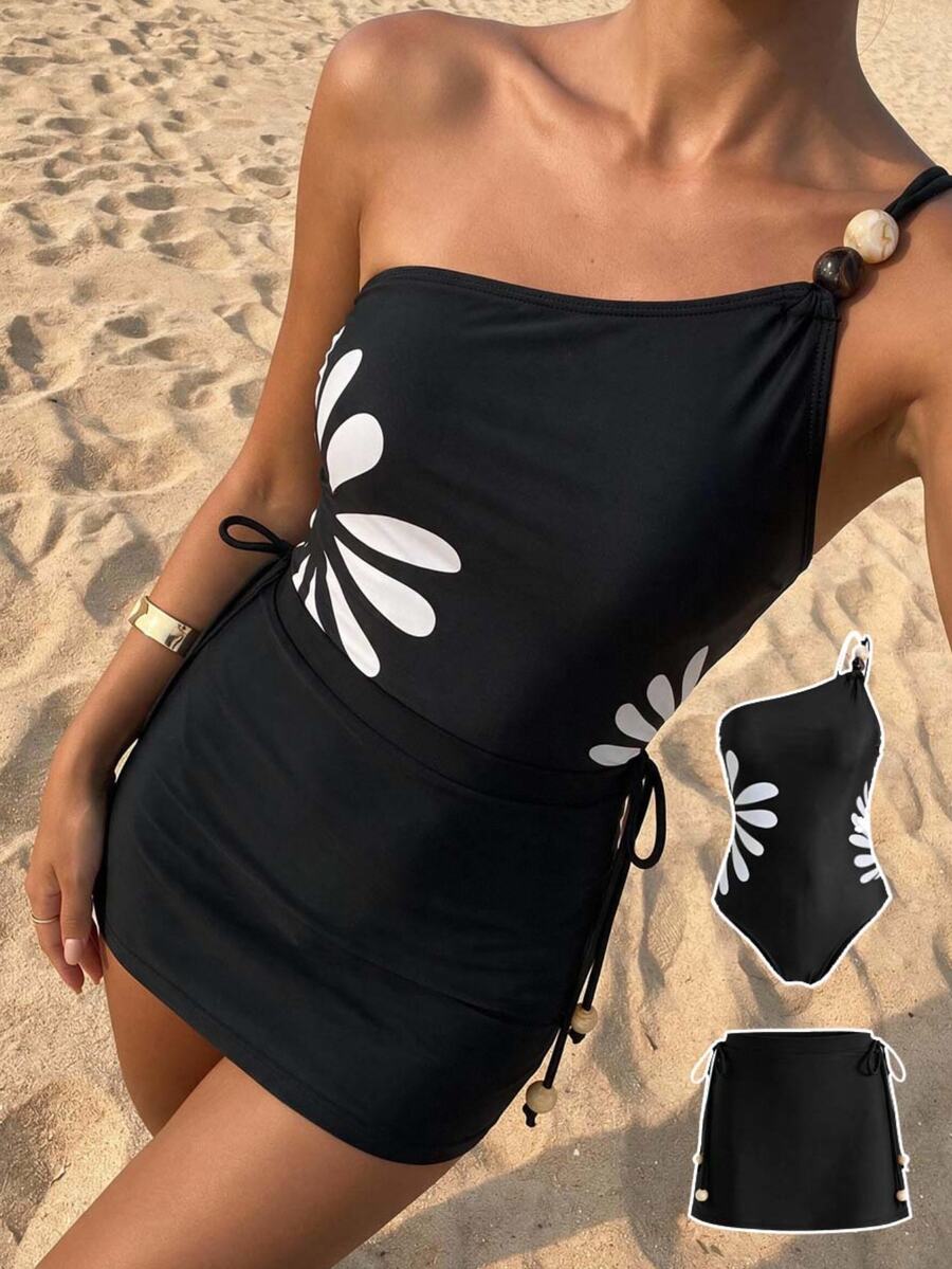 Swim Oasis ملابس سباحة نسائية قطعة واحدة مطبوعة باللون الأسود بكتف واحد مزينة بالخرز مع تنورة مطابقة لفصل الربيع/الصيف والعطلات - أبيض وأسود - مشاهدة 1