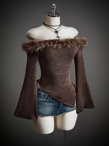 SHEIN ICON تي شيرت نسائي موضة بأكمام طويلة وأكتاف مكشوفة مع حافة من الفرو وتصميم مرقع - بني - مشاهدة 7