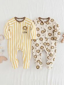 SHEIN 2pcs -Pack Newborn Baby Boy/Girl Cute Knitted Casual Cartoon Pattern Striped Long Sleeve Rompers - Yellow - View 2