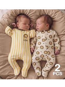 SHEIN 2pcs -Pack Newborn Baby Boy/Girl Cute Knitted Casual Cartoon Pattern Striped Long Sleeve Rompers - Yellow - View 1