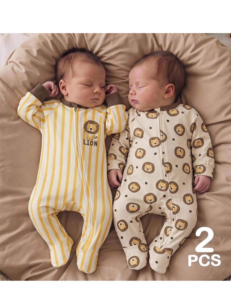 SHEIN 2pcs -Pack Newborn Baby Boy/Girl Cute Knitted Casual Cartoon Pattern Striped Long Sleeve Rompers - Yellow - View 1