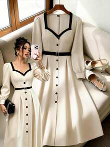 GlowEve CURVE Plus Contrast Trim Button Front Dress Fall - Multicolor - View 3