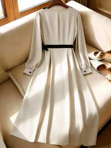 GlowEve CURVE Plus Contrast Trim Button Front Dress Fall - Multicolor - View 2