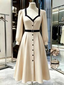 GlowEve CURVE Plus Contrast Trim Button Front Dress Fall - Multicolor - View 8