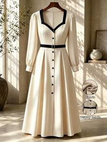 GlowEve CURVE Plus Contrast Trim Button Front Dress Fall - Multicolor - View 1