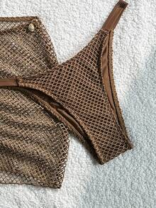 SHEIN Swim Knitted Jacquard Fabric Halter Tie Metal Pendant Bikini Top & Mini Skirt 3 Pieces Set - Brown - View 6