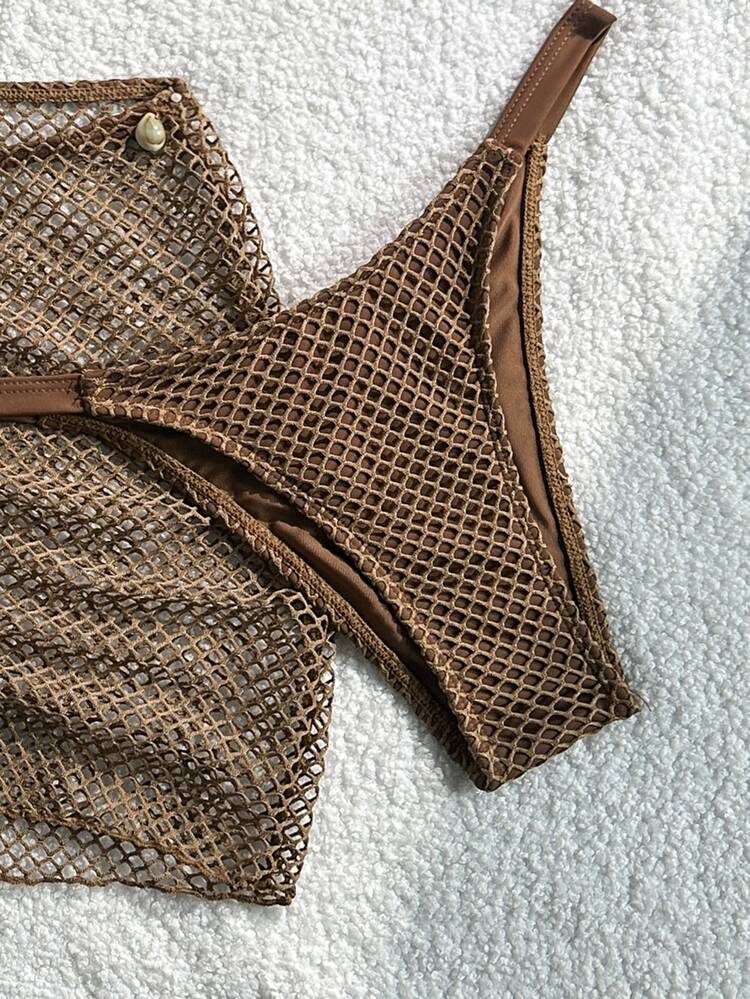 SHEIN Swim 針織提花面料掛脖繫帶金屬吊墜比基尼上衣與迷你裙 3 件套 - 棕色 - 查看 6