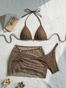 SHEIN Swim Knitted Jacquard Fabric Halter Tie Metal Pendant Bikini Top & Mini Skirt 3 Pieces Set - Brown - View 4