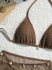 SHEIN Swim Knitted Jacquard Fabric Halter Tie Metal Pendant Bikini Top & Mini Skirt 3 Pieces Set - Brown - View 5
