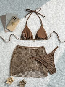 SHEIN Swim Knitted Jacquard Fabric Halter Tie Metal Pendant Bikini Top & Mini Skirt 3 Pieces Set - Brown - View 2