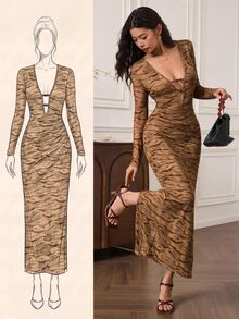 EastFlair Women's Deep V-Neck All-Over Print Long Sleeve Slim Fit Sexy Dress Autumn Chinese Style Chic Dress Party Going Out Dress Brown - Brown - View 2