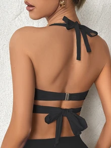 Swim DD+ Women's Summer Beach Ruched Halter Neck Bikini Top - Black - View 2