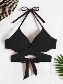 Swim DD+ Women's Summer Beach Ruched Halter Neck Bikini Top - Black - View 6