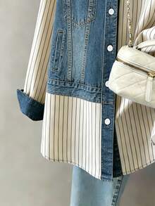 Resyla Plus Size Summer Striped Patchwork Vintage Faux Print Shirt Fall - Multicolor - View 8
