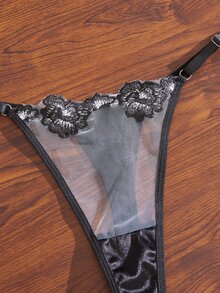 Divavoom 女款性感鏤空蕾絲條紋緞面不透內衣內褲套裝 2件組 有鋼圈後扣 - 黑色 - 查看 10