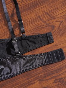 Divavoom 女款性感鏤空蕾絲條紋緞面不透內衣內褲套裝 2件組 有鋼圈後扣 - 黑色 - 查看 11